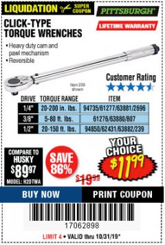 Harbor Freight Coupon CLICK-TYPE TORQUE WRENCHES Lot No. 61277/63881/2696/61276/63880/807/62431/63882/239 Expired: 10/31/19 - $11.99