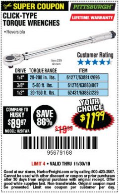 Harbor Freight Coupon PITTSBURGH CLICK TORQUE WRENCH Lot No. 63882/63880/63881 Expired: 11/30/19 - $11.99