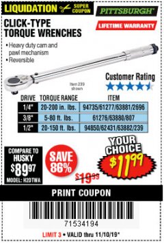 Harbor Freight Coupon PITTSBURGH CLICK TORQUE WRENCH Lot No. 63882/63880/63881 Expired: 11/10/19 - $11.99