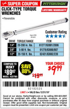 Harbor Freight Coupon CLICK-TYPE TORQUE WRENCHES Lot No. 61277/63881/2696/61276/63880/807/62431/63882/239 Expired: 12/31/19 - $9.99