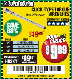 Harbor Freight Coupon CLICK-TYPE TORQUE WRENCHES Lot No. 61277/63881/2696/61276/63880/807/62431/63882/239 Expired: 1/25/20 - $9.99