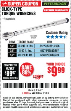 Harbor Freight Coupon CLICK-TYPE TORQUE WRENCHES Lot No. 61277/63881/2696/61276/63880/807/62431/63882/239 Expired: 1/1/20 - $9.99