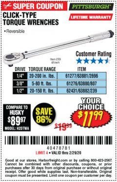 Harbor Freight Coupon CLICK-TYPE TORQUE WRENCHES Lot No. 61277/63881/2696/61276/63880/807/62431/63882/239 Expired: 2/29/20 - $11.99