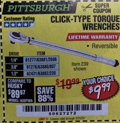 Harbor Freight Coupon CLICK-TYPE TORQUE WRENCHES Lot No. 61277/63881/2696/61276/63880/807/62431/63882/239 Expired: 3/25/20 - $9.99