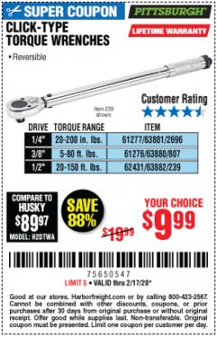 Harbor Freight Coupon CLICK-TYPE TORQUE WRENCHES Lot No. 61277/63881/2696/61276/63880/807/62431/63882/239 Expired: 2/17/20 - $9.99