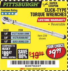 Harbor Freight Coupon PITTSBURGH CLICK TORQUE WRENCH Lot No. 63882/63880/63881 Expired: 6/30/20 - $9.99