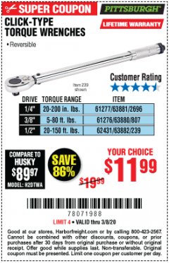 Harbor Freight Coupon CLICK-TYPE TORQUE WRENCHES Lot No. 61277/63881/2696/61276/63880/807/62431/63882/239 Expired: 3/8/20 - $11.99