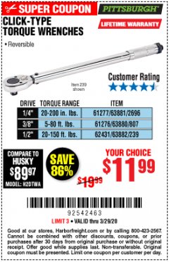 Harbor Freight Coupon CLICK-TYPE TORQUE WRENCHES Lot No. 61277/63881/2696/61276/63880/807/62431/63882/239 Expired: 3/29/20 - $11.99