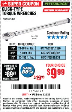 Harbor Freight Coupon CLICK-TYPE TORQUE WRENCHES Lot No. 61277/63881/2696/61276/63880/807/62431/63882/239 Expired: 3/22/20 - $9.99