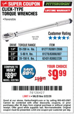 Harbor Freight Coupon PITTSBURGH CLICK TORQUE WRENCH Lot No. 63882/63880/63881 Expired: 3/22/20 - $9.99