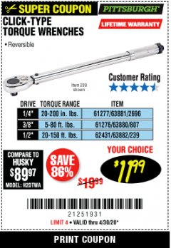 Harbor Freight Coupon PITTSBURGH CLICK TORQUE WRENCH Lot No. 63882/63880/63881 Expired: 6/30/20 - $11.99