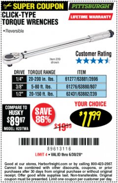 Harbor Freight Coupon PITTSBURGH CLICK TORQUE WRENCH Lot No. 63882/63880/63881 Expired: 6/30/20 - $11.99