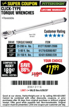 Harbor Freight Coupon CLICK-TYPE TORQUE WRENCHES Lot No. 61277/63881/2696/61276/63880/807/62431/63882/239 Expired: 6/30/20 - $11.99