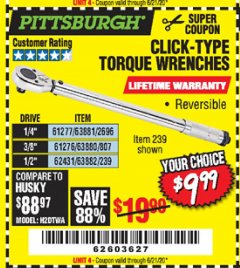 Harbor Freight Coupon CLICK-TYPE TORQUE WRENCHES Lot No. 61277/63881/2696/61276/63880/807/62431/63882/239 Expired: 6/21/20 - $9.99