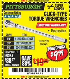 Harbor Freight Coupon PITTSBURGH CLICK TORQUE WRENCH Lot No. 63882/63880/63881 Expired: 6/21/20 - $9.99
