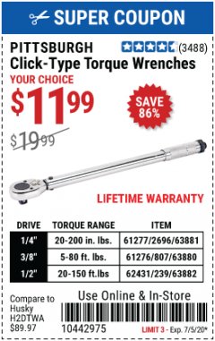 Harbor Freight Coupon PITTSBURGH CLICK TORQUE WRENCH Lot No. 63882/63880/63881 Expired: 7/5/20 - $11.99