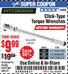 Harbor Freight Coupon CLICK-TYPE TORQUE WRENCHES Lot No. 61277/63881/2696/61276/63880/807/62431/63882/239 Expired: 8/30/20 - $9.99