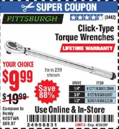 Harbor Freight Coupon PITTSBURGH CLICK TORQUE WRENCH Lot No. 63882/63880/63881 Expired: 8/30/20 - $9.99