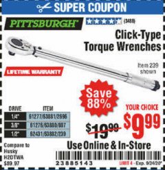 Harbor Freight Coupon CLICK-TYPE TORQUE WRENCHES Lot No. 61277/63881/2696/61276/63880/807/62431/63882/239 Expired: 9/24/20 - $9.99