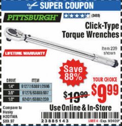 Harbor Freight Coupon PITTSBURGH CLICK TORQUE WRENCH Lot No. 63882/63880/63881 Expired: 9/24/20 - $9.99