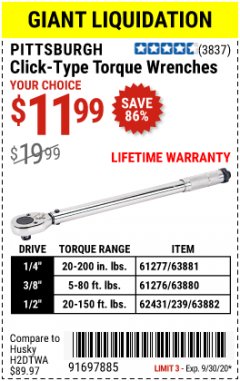 Harbor Freight Coupon CLICK-TYPE TORQUE WRENCHES Lot No. 61277/63881/2696/61276/63880/807/62431/63882/239 Expired: 9/30/20 - $11.99