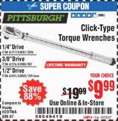 Harbor Freight Coupon CLICK-TYPE TORQUE WRENCHES Lot No. 61277/63881/2696/61276/63880/807/62431/63882/239 Expired: 10/23/20 - $9.99