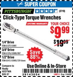Harbor Freight Coupon CLICK-TYPE TORQUE WRENCHES Lot No. 61277/63881/2696/61276/63880/807/62431/63882/239 Expired: 11/6/20 - $9.99