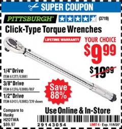 Harbor Freight Coupon PITTSBURGH CLICK TORQUE WRENCH Lot No. 63882/63880/63881 Expired: 11/6/20 - $9.99