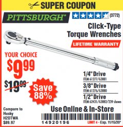 Harbor Freight Coupon PITTSBURGH CLICK TORQUE WRENCH Lot No. 63882/63880/63881 Expired: 11/15/20 - $9.99