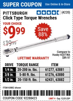 Harbor Freight Coupon CLICK-TYPE TORQUE WRENCHES Lot No. 61277/63881/2696/61276/63880/807/62431/63882/239 Expired: 12/31/20 - $9.99