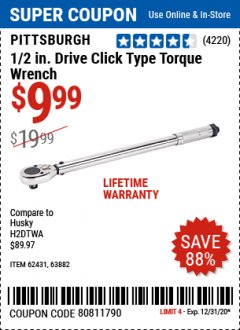 Harbor Freight Coupon CLICK-TYPE TORQUE WRENCHES Lot No. 61277/63881/2696/61276/63880/807/62431/63882/239 Expired: 12/31/20 - $9.99