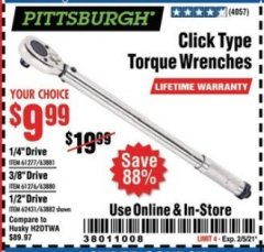 Harbor Freight Coupon CLICK-TYPE TORQUE WRENCHES Lot No. 61277/63881/2696/61276/63880/807/62431/63882/239 Expired: 1/28/21 - $9.99
