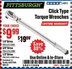 Harbor Freight Coupon PITTSBURGH CLICK TORQUE WRENCH Lot No. 63882/63880/63881 Expired: 1/28/21 - $9.99