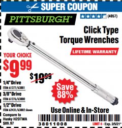 Harbor Freight Coupon CLICK-TYPE TORQUE WRENCHES Lot No. 61277/63881/2696/61276/63880/807/62431/63882/239 Expired: 2/5/21 - $9.99