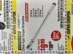Harbor Freight Coupon PITTSBURGH CLICK TORQUE WRENCH Lot No. 63882/63880/63881 Expired: 3/15/21 - $9.99