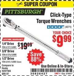 Harbor Freight Coupon PITTSBURGH CLICK TORQUE WRENCH Lot No. 63882/63880/63881 Expired: 3/18/21 - $9.99
