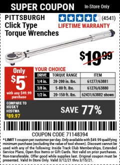 Harbor Freight Coupon CLICK-TYPE TORQUE WRENCHES Lot No. 61277/63881/2696/61276/63880/807/62431/63882/239 Expired: 3/15/21 - $5
