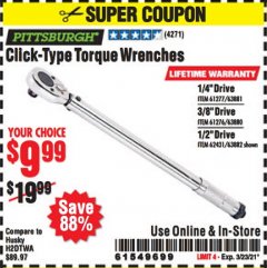 Harbor Freight Coupon CLICK-TYPE TORQUE WRENCHES Lot No. 61277/63881/2696/61276/63880/807/62431/63882/239 Expired: 3/23/21 - $9.99