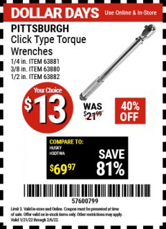 Harbor Freight Coupon CLICK-TYPE TORQUE WRENCHES Lot No. 61277/63881/2696/61276/63880/807/62431/63882/239 Expired: 2/6/22 - $13