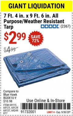 Harbor Freight Coupon 7' 4" X 9' 6" ALL PURPOSE/WEATHER RESISTANT TARP Lot No. 69115/69121/69129/69137/69249/877 Expired: 9/30/20 - $2.99