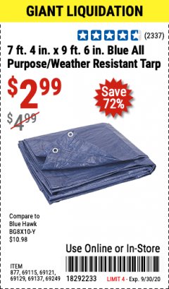 Harbor Freight Coupon 7' 4" X 9' 6" ALL PURPOSE/WEATHER RESISTANT TARP Lot No. 69115/69121/69129/69137/69249/877 Expired: 9/30/20 - $2.99