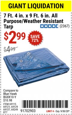 Harbor Freight Coupon 7' 4" X 9' 6" ALL PURPOSE/WEATHER RESISTANT TARP Lot No. 69115/69121/69129/69137/69249/877 Expired: 9/30/20 - $2.99