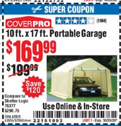Harbor Freight Coupon COVERPRO 10 FT. X 17 FT. PORTABLE GARAGE Lot No. 62859, 63055, 62860 Expired: 10/23/20 - $169.99