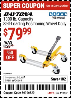 Harbor Freight Coupon DAYTONA 1300 LB. CAPACITY SELF-LOADING POSITIONING WHEEL DOLLY Lot No. 64601 Valid Thru: 4/19/26 - $79.99
