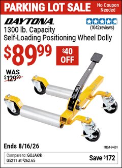 Harbor Freight Coupon DAYTONA 1300 LB. CAPACITY SELF-LOADING POSITIONING WHEEL DOLLY Lot No. 64601 EXPIRES: 8/16/26 - $89.99