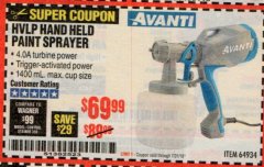 Harbor Freight Coupon AVANTI HANDHELD HVLP PAINT & STAIN SPRAYER Lot No. 64934 Expired: 7/31/19 - $69.99