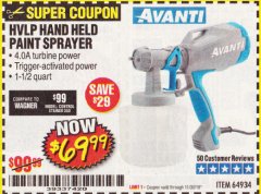 Harbor Freight Coupon AVANTI HANDHELD HVLP PAINT & STAIN SPRAYER Lot No. 64934 Expired: 11/30/19 - $69.99