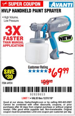 Harbor Freight Coupon AVANTI HANDHELD HVLP PAINT & STAIN SPRAYER Lot No. 64934 Expired: 12/31/19 - $69.99