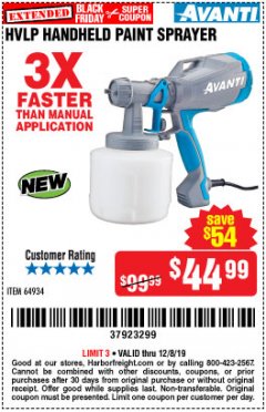 Harbor Freight Coupon AVANTI HANDHELD HVLP PAINT & STAIN SPRAYER Lot No. 64934 Expired: 12/8/19 - $44.99