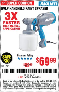 Harbor Freight Coupon AVANTI HVLP HAND HELD PAINT SPRAYER Lot No. 64934 Expired: 3/1/20 - $69.99